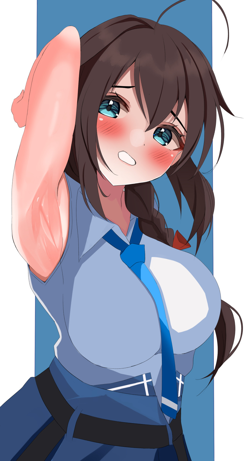 1girl, absurdres, ahoge, armpits, aruka0807, blue_eyes, blue_necktie, blue_skirt