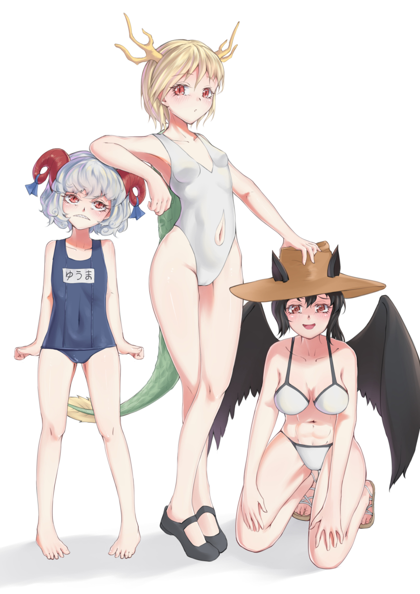 3girls, absurdres, animal_realm_yakuza_(touhou), antlers, barefoot, bikini, black_hair, black_wings