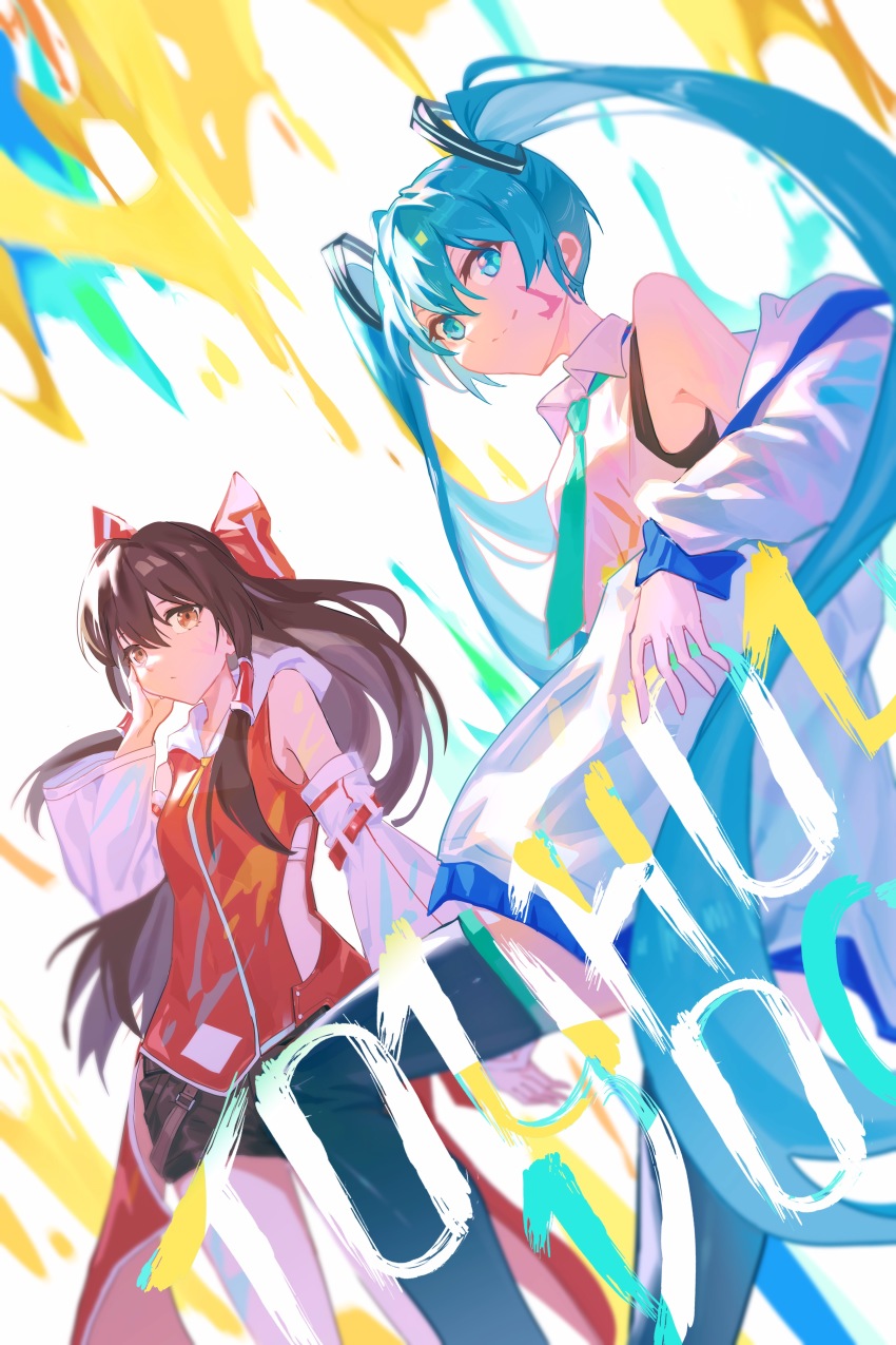 2girls, :/, absurdres, aling539, alternate_costume, aqua_necktie, black_shorts, blue_eyes