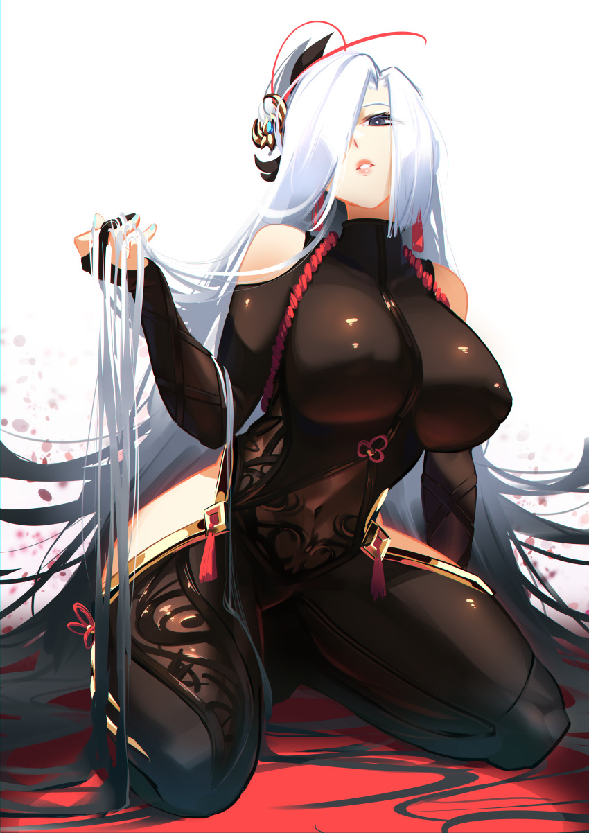 1girl, absurdres, black_bodysuit, black_eyes, bodystocking, bodysuit, breasts, bridal_gauntlets, clothing_cutout, covered_erect_nipples, covered_navel, flower_knot, genshin_impact, hair_ornament, hair_over_one_eye, highres, hip_vent, holding, holding_own_hair, large_breasts, lips, long_hair, looking_at_viewer, one_eye_covered, parted_bangs, parted_lips, pubic_hair, shenhe_(genshin_impact), shiny_clothes, shoulder_cutout, sitting, solo, thighs, turtleneck, two-tone_background, very_long_hair, white_hair, white_pubic_hair, zaekyn