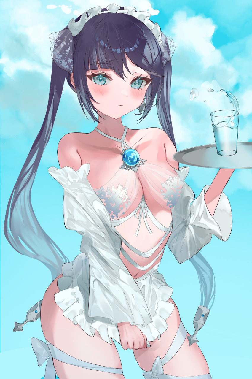 1girl, absurdres, alternate_costume, apron, apron_pull, bare_shoulders, bikini, black_hair, blue_background, blush, breasts, cleavage, closed_mouth, clothes_pull, detached_sleeves, genshin_impact, glass, green_eyes, hair_ornament, hair_ribbon, halterneck, highres, holding, holding_tray, leg_ribbon, long_hair, looking_at_viewer, maid, maid_apron, maid_bikini, maid_headdress, medium_breasts, mona_(genshin_impact), navel, ribbon, solo, star_(symbol), star_hair_ornament, swimsuit, syotaisverycute, thigh_ribbon, tray, twintails, unconventional_maid, vision_(genshin_impact), waist_apron, water, white_bikini, white_sleeves