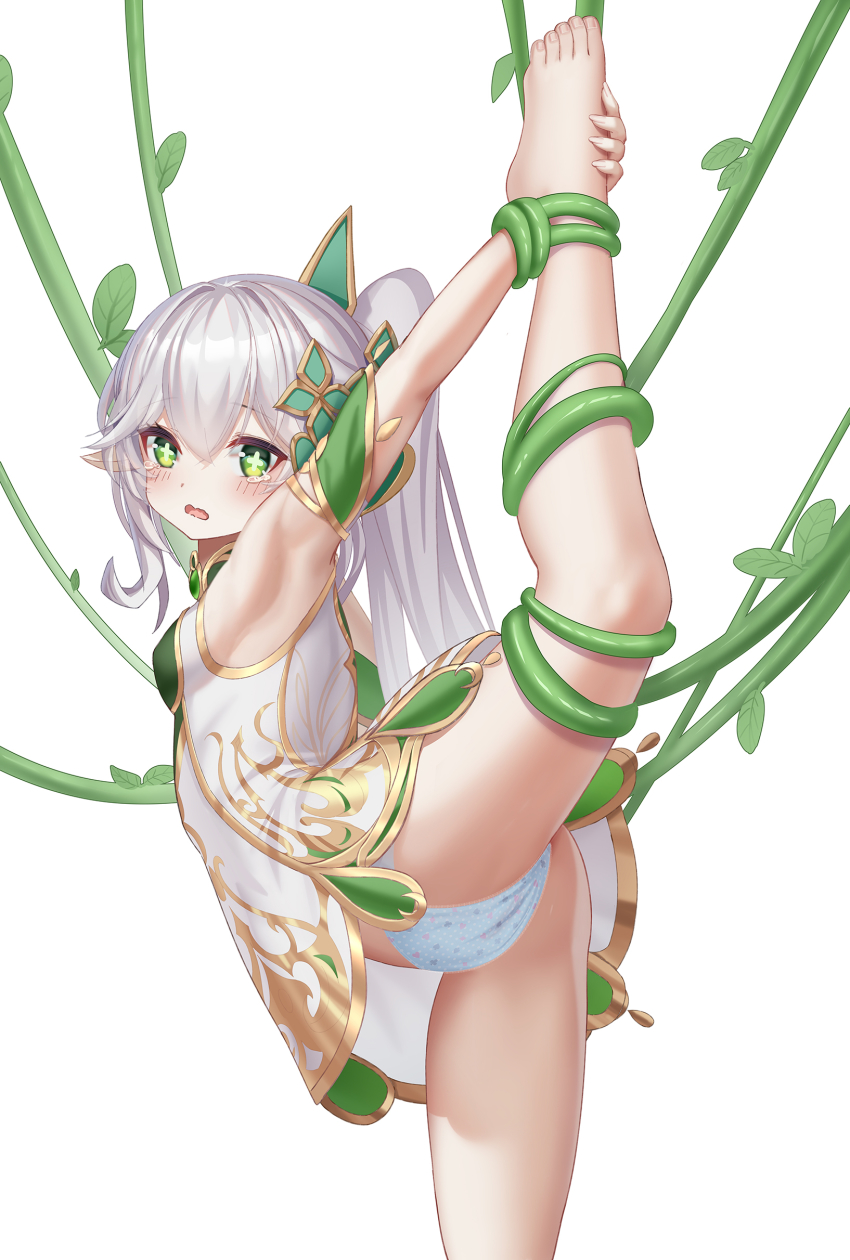 1girl, absurdres, armpits, arms_up, ass, barefoot, bdsm, blue_panties, blush, bondage, bound, breasts, dress, embarrassed, feet, female_focus, flexible, from_side, genshin_impact, green_eyes, grey_hair, highres, hong_bai, leg_hold, leg_lift, leg_up, legs, loli, long_hair, looking_at_viewer, nahida_(genshin_impact), open_mouth, panties, plant, playing_card_print, pointy_ears, polka_dot, polka_dot_panties, print_panties, restrained, short_dress, side_ponytail, sleeveless, sleeveless_dress, small_breasts, solo, split, standing, standing_on_one_leg, standing_split, tears, thighs, toes, underwear, vines, white_background, white_dress