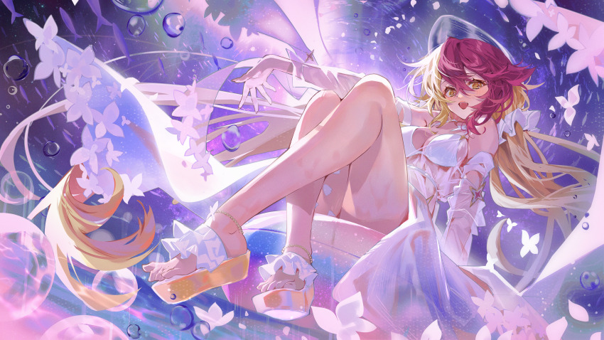 +++, 1girl, :d, absurdres, alchemy_stars, anklet, arutera, bare_shoulders, blonde_hair, blush, breasts, brown_eyes, bug, butterfly, cleavage, fish, full_body, gronru_(alchemy_stars), gronru_(day_at_the_aquarium)_(alchemy_stars), highres, innertube, insect, jewelry, knees_up, large_breasts, long_hair, long_sleeves, looking_back, multicolored_hair, open_mouth, outstretched_arm, petals, pink_hair, platform_sandals, sandals, see-through_clothes, sitting, smile, solo, swim_ring, toes, two-tone_hair, very_long_hair