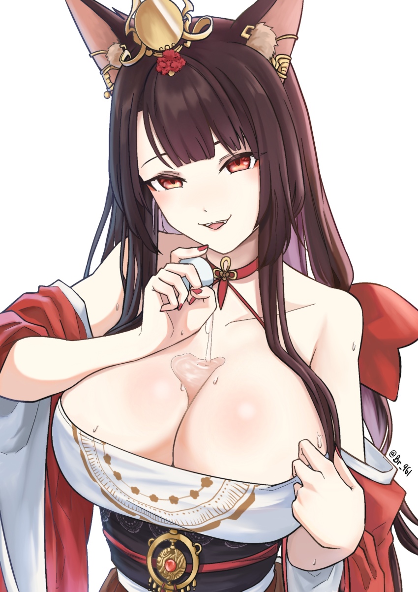 1girl, absurdres, akagi_(azur_lane), akagi_(dawn_phoenix's_summons)_(azur_lane), animal_ears, azur_lane, bare_shoulders, black_sash