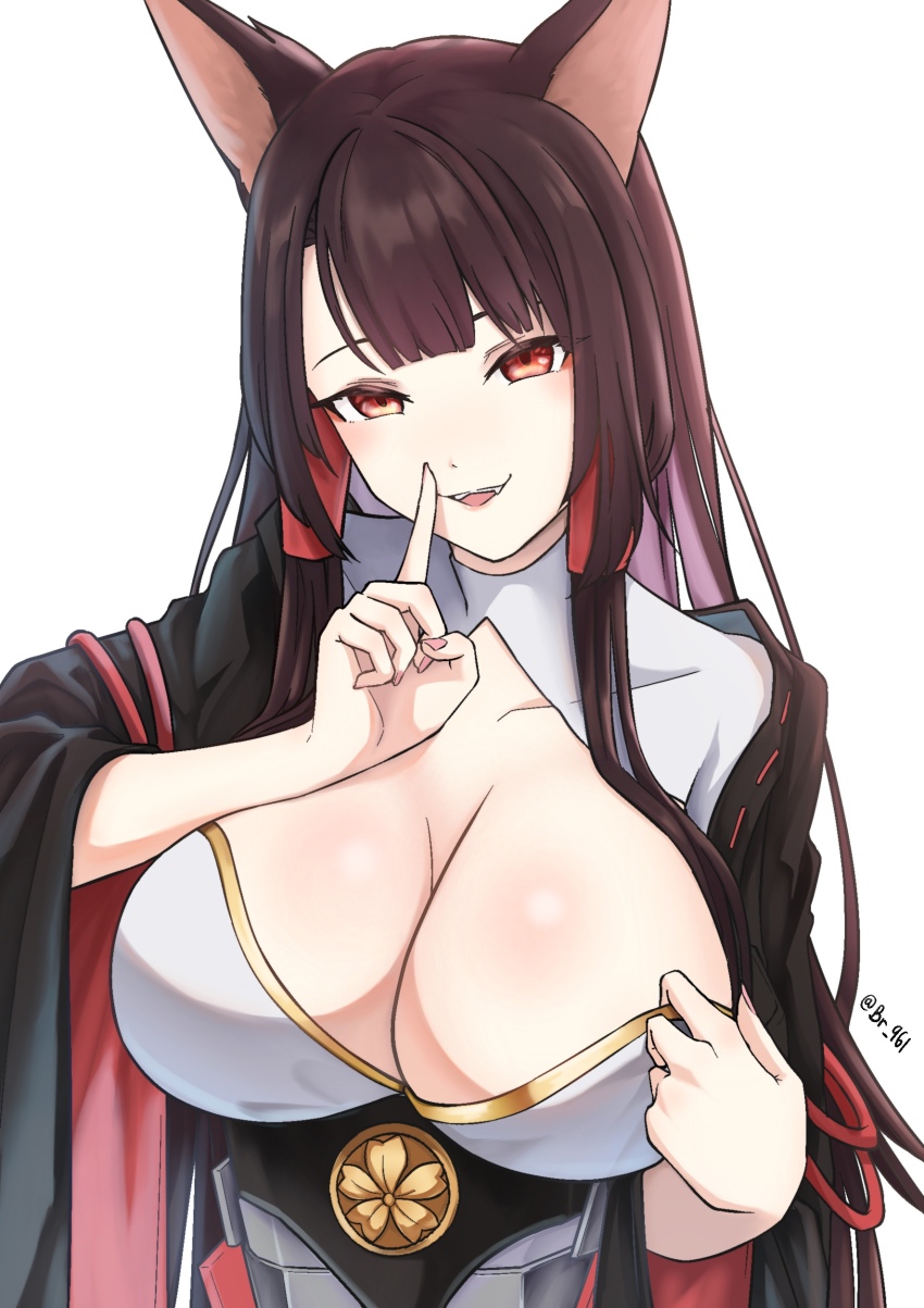 1girl, absurdres, akagi_(azur_lane), azur_lane, black_kimono, breasts, brown_hair, fangs, finger_to_mouth, fox_girl, highres, huge_breasts, japanese_clothes, kang_jian, kimono, long_hair, looking_at_viewer, paizuri_invitation, red_eyes, sakuramon, simple_background, solo, upper_body, white_background, wide_sleeves