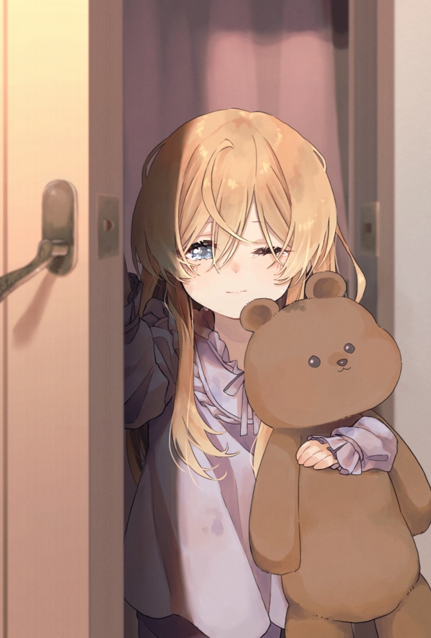 1girl, aged_down, blonde_hair, blue_eyes, blush, child, collar, commentary