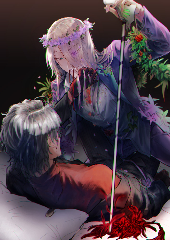 2boys, alternate_hairstyle, ane_am, antonio_salieri_(fate), antonio_salieri_(second_ascension)_(fate), antonio_salieri_(traveling_outfit)_(fate), backlighting, bed, between_legs, blonde_hair, cane, eyes_visible_through_hair, fate/grand_order, fate_(series), formal_clothes, gloves, glowing, glowing_eye, green_eyes, hair_down, hair_over_one_eye, hand_in_another's_hair, head_wreath, heterochromia, long_hair, long_sleeves, looking_at_another, lying, male_focus, mouth_hold, multiple_boys, on_back, on_bed, pinstripe_pattern, pinstripe_suit, purple_eyes, red_gloves, ribbon, ribbon_in_mouth, short_hair, sidelocks, smile, striped, suit, wolfgang_amadeus_mozart_(fate), wolfgang_amadeus_mozart_(traveling_outfit)_(fate), yaoi