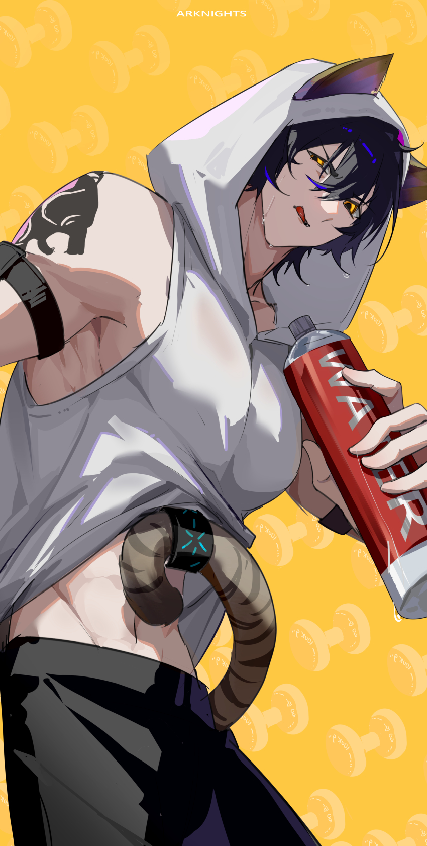 1boy, :q, abs, absurdres, animal_ears, arknights, bare_shoulders, bottle