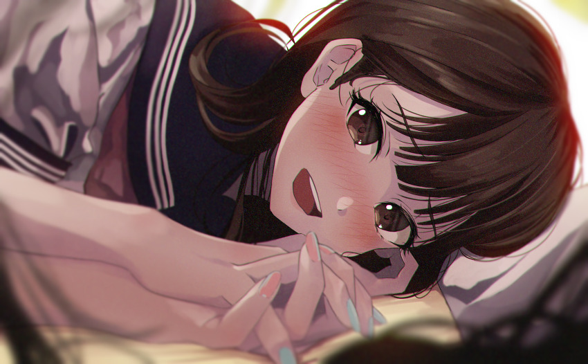 2girls, absurdres, arisugawa_bii, blue_nails, blue_sailor_collar, blurry, blurry_foreground, brown_eyes