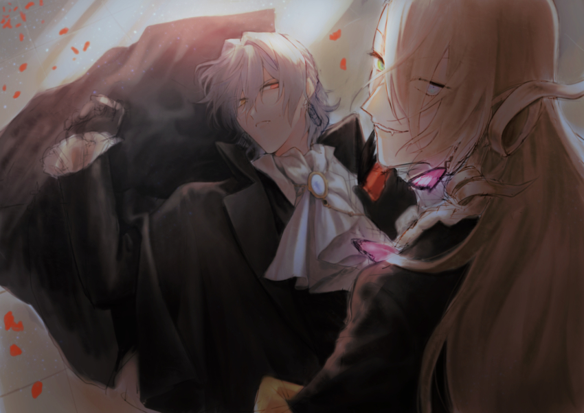 2boys, ane_am, antonio_salieri_(fate), antonio_salieri_(masquerade_of_the_vampire)_(fate), antonio_salieri_(second_ascension)_(fate), ascot, black_gloves, blonde_hair