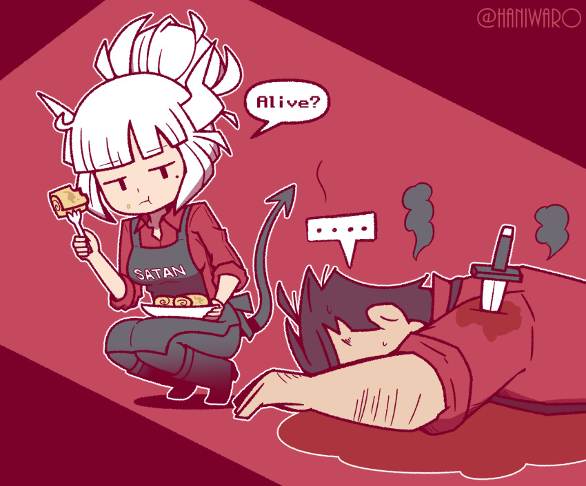 1boy, 1girl, apron, blood, demon_horns, demon_tail, food, haniwaro