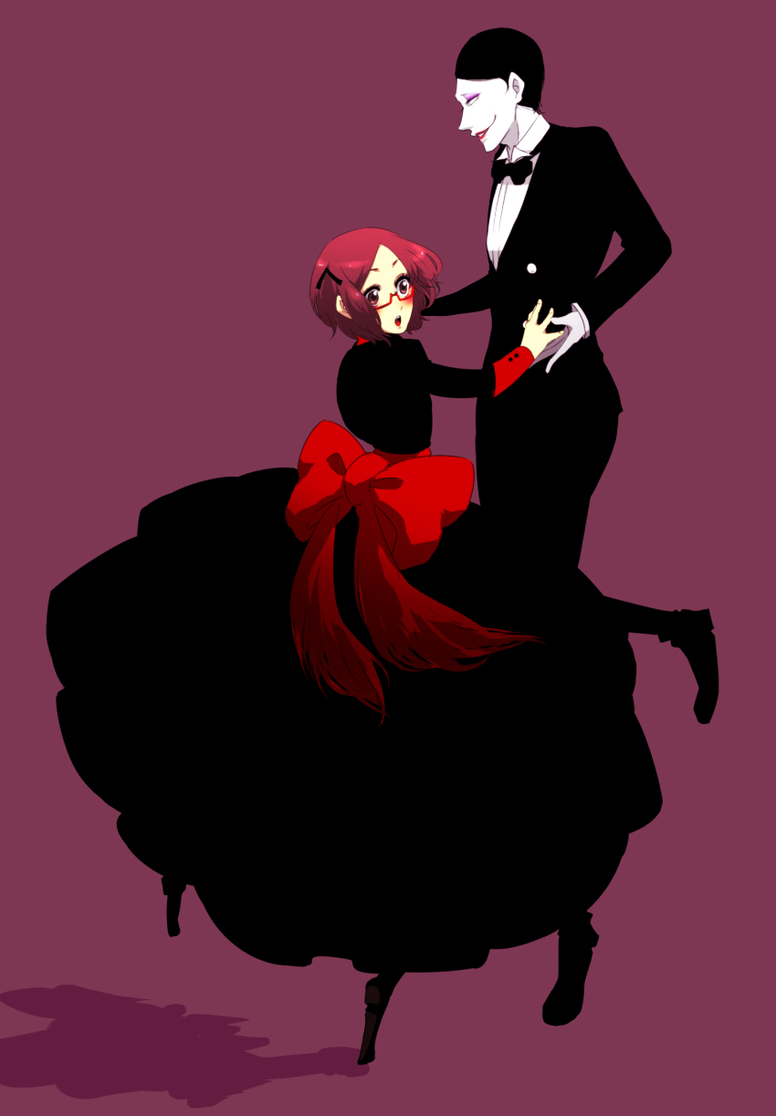 00s, 1boy, 1girl, bad_id, bad_pixiv_id, black_hair, blush, bow, bowtie, brown_eyes, dancing, dress, eyeshadow, flat_color, formal_clothes, glasses, hair_ribbon, highres, kaidan_restaurant, lipstick, makeup, obake_garcon, oozora_ako, open_mouth, pale_skin, red_hair, ribbon, short_hair, smile, suit, traditional_bowtie, yami_no_garcon, yasunisi