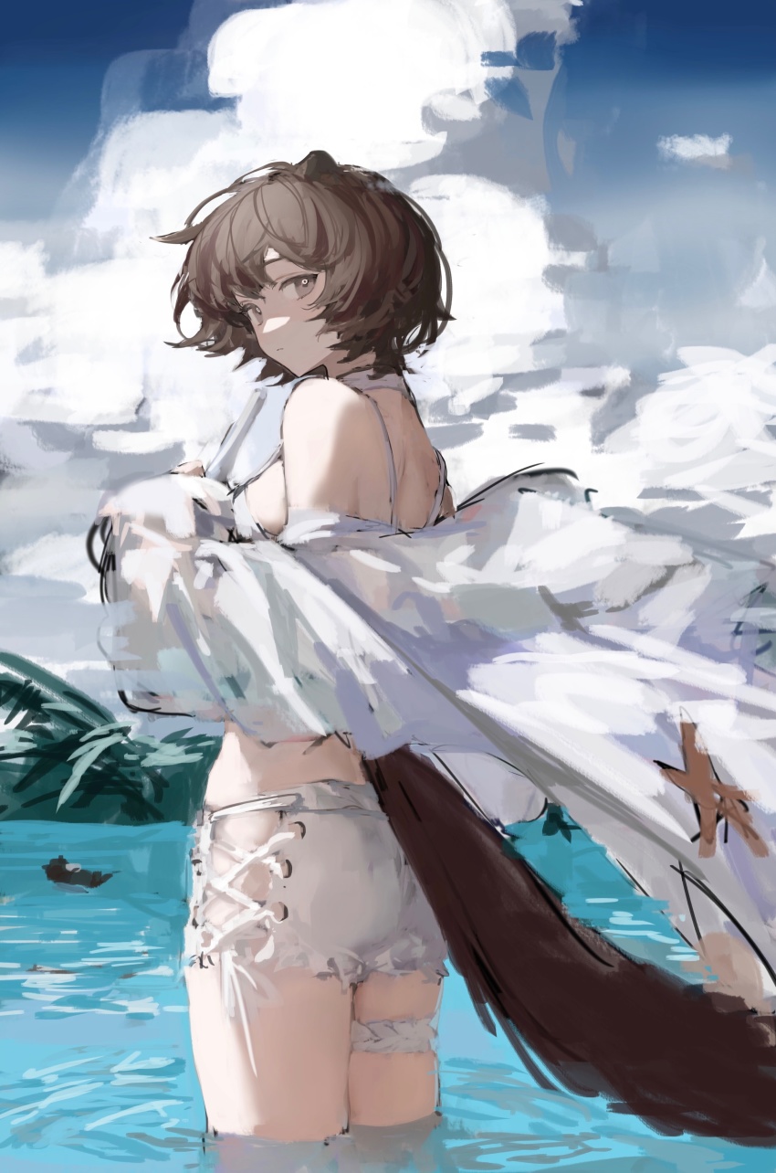 1girl, absurdres, animal_ears, arknights, bare_shoulders, bikini, blue_sky, breasts