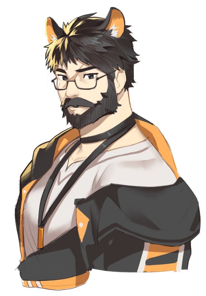 1boy, animal_ears, bara, beard, black_eyes, black_hair, black_jacket, cat_ears, check_copyright, copyright_request, cropped_torso, dyeong, expressionless, facial_hair, from_side, glasses, hood, hood_down, hooded_jacket, jacket, korean_commentary, looking_at_viewer, male_focus, mature_male, muscular, muscular_male, mustache, open_clothes, open_jacket, original, pectorals, shirt, short_hair, solo, thick_eyebrows, white_background, white_shirt