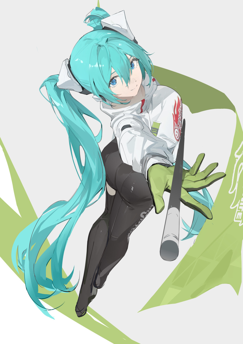 1girl, absurdres, aqua_hair, ass, asymmetrical_bodysuit, black_bodysuit, black_gloves, blue_eyes