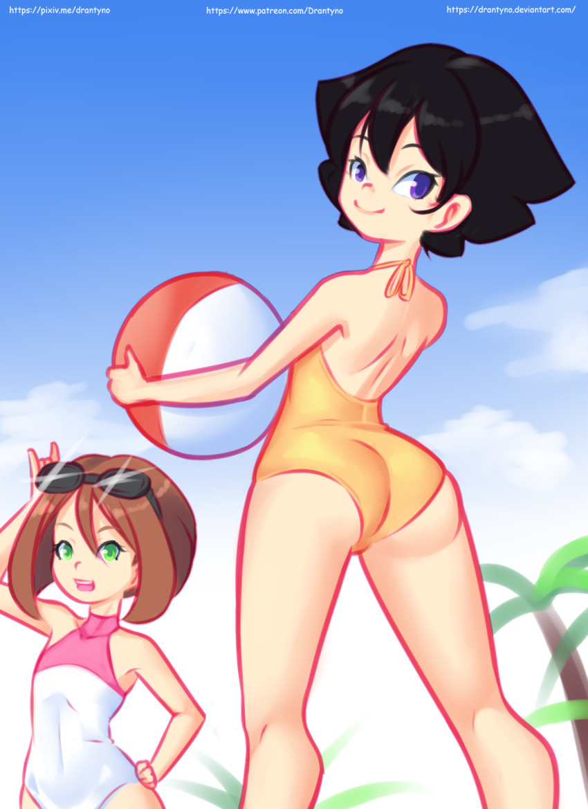 2girls, ass, ball, beachball, black_hair, cloud, drantyno, eyewear_on_head, flat_chest, from_behind, green_eyes, hand_on_own_hip, highres, holding, looking_at_viewer, looking_back, megu_(ryuhi), multiple_girls, one-piece_swimsuit, open_mouth, palm_tree, purple_eyes, short_hair, sky, smile, sparkle, standing, sunglasses, swimsuit, teeth, tree, white_one-piece_swimsuit, yellow_one-piece_swimsuit
