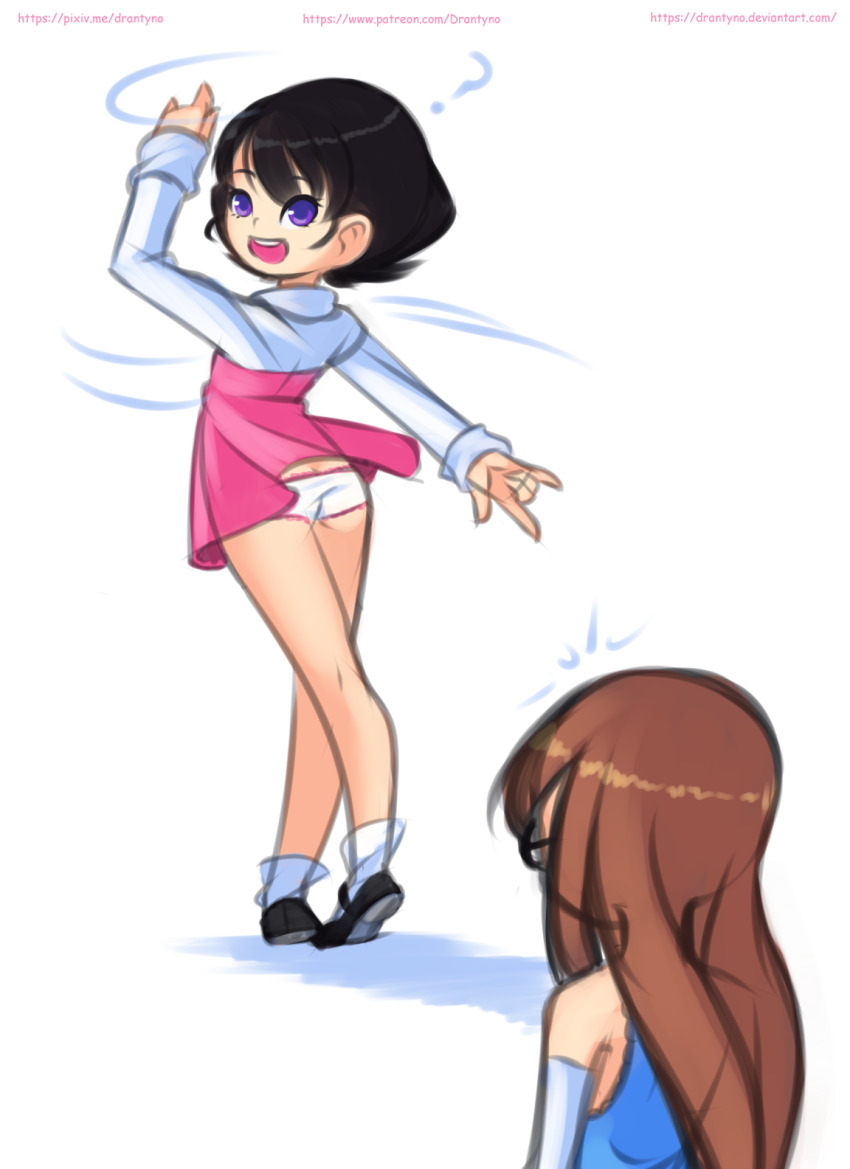 2girls, ?, ass, black_footwear, black_hair, blue_shirt, brown_hair, detached_sleeves
