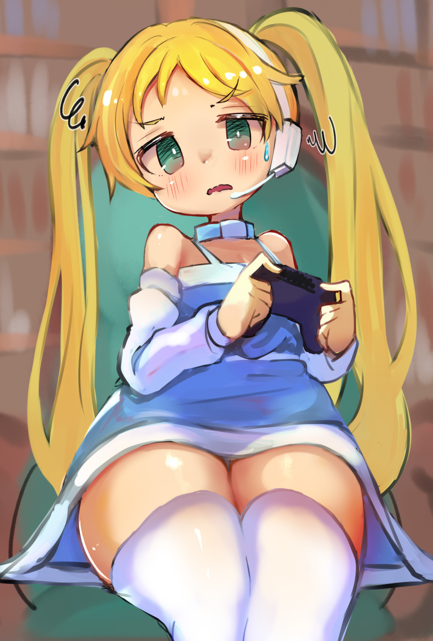 1girl, absurdres, blonde_hair, blue_dress, controller, dress, headphones, headset