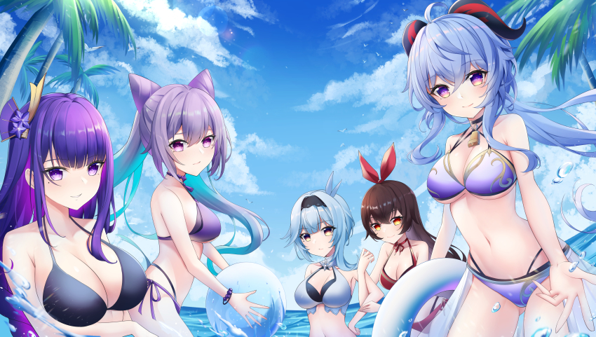 5girls, absurdres, adapted_costume, ahoge, alternate_costume, amber_(genshin_impact), ball, beachball
