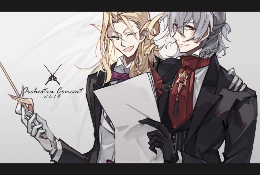 2019, 2boys, antonio_salieri_(fate), antonio_salieri_(fgo_orchestra)_(fate), ascot, conductor_baton, black_gloves, blonde_hair