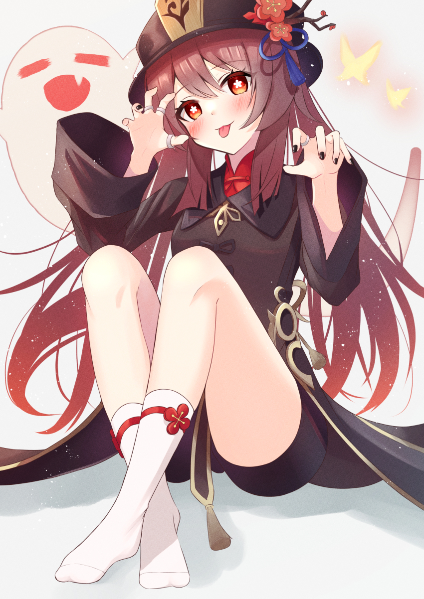 1girl, :3, :p, aonu_koru, blush, boo_tao_(genshin_impact), brown_hair, chinese_clothes