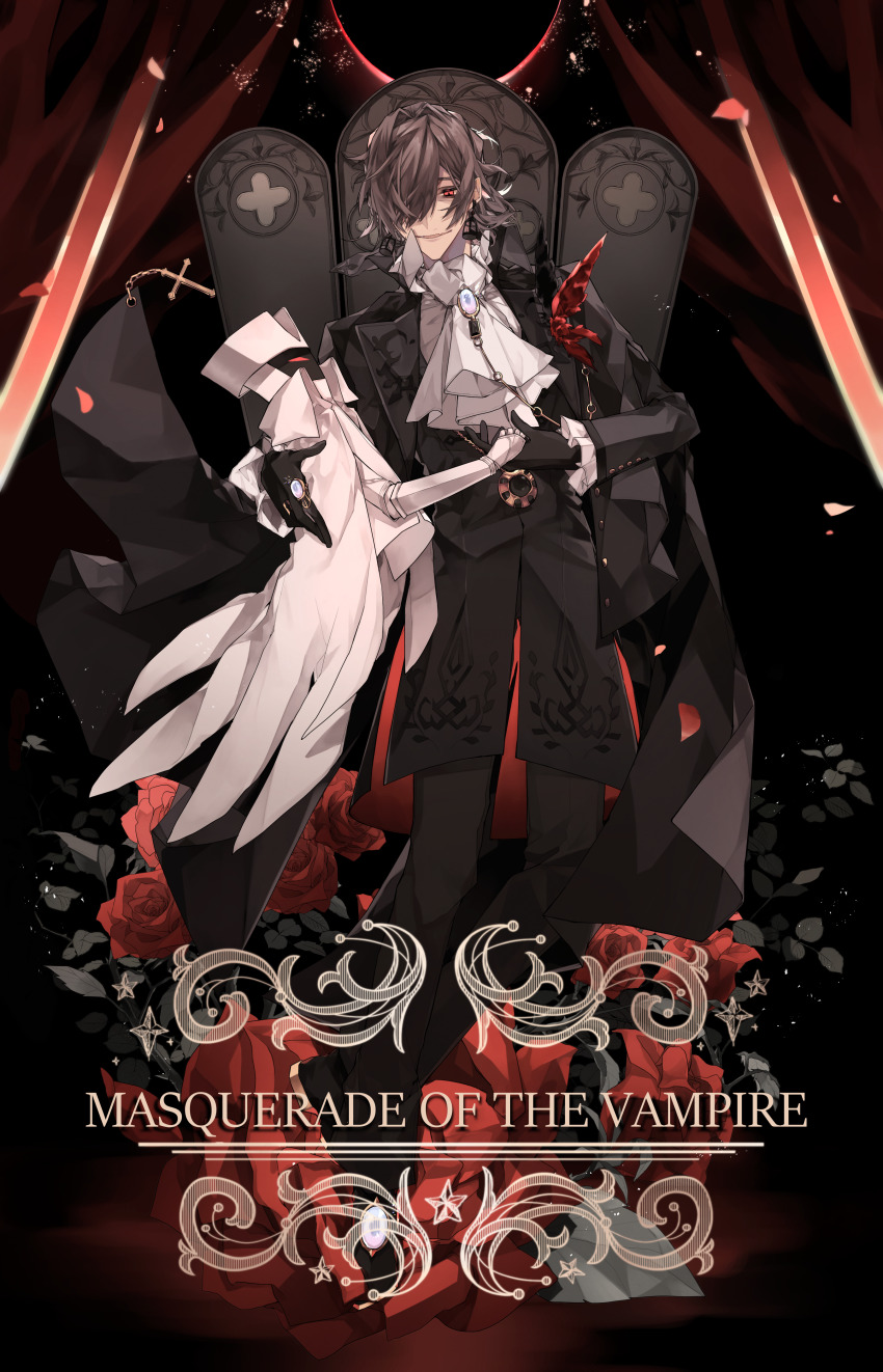 1boy, absurdres, antonio_salieri_(fate), antonio_salieri_(masquerade_of_the_vampire)_(fate), antonio_salieri_(second_ascension)_(fate), ascot, black_background, black_gloves