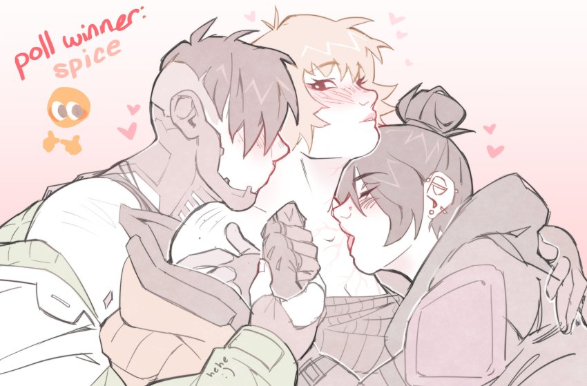 1boy, 2girls, absurdres, apex_legends, bare_shoulders, bisexual_female, black_eyes, black_gloves