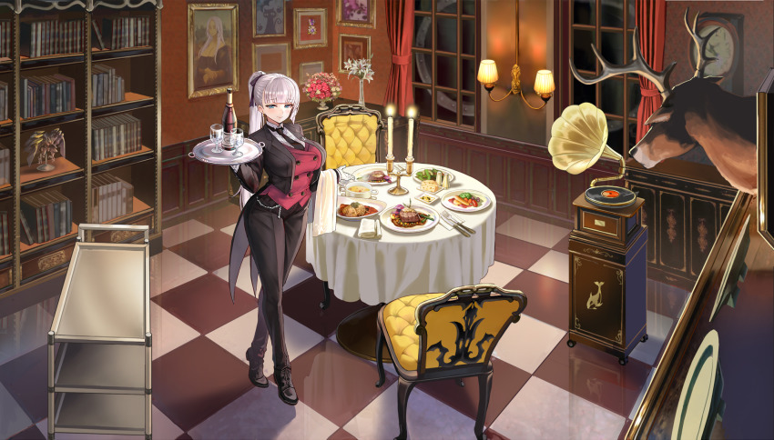 1girl, asparagus, black_cat, black_footwear, black_jacket, black_necktie, black_pants, blue_eyes