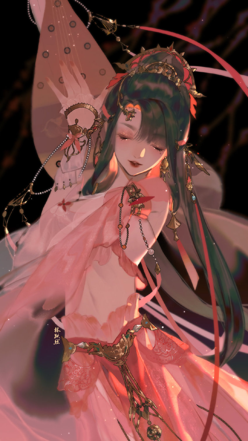 1girl, arms_up, beads, brown_hair, dark_background, closed_eyes, eyeshadow, hair_ornament, highres, instrument, jewelry, light_particles, lin_yueran_shi_hao_chazi, long_hair, makeup, music, navel, open_mouth, original, playing_instrument, solo, teeth, upper_body