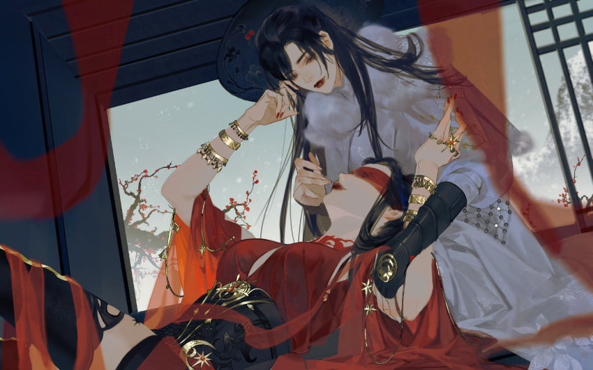 1boy, 1girl, arm_guards, black_hair, blindfold, bracelet, branch, character_request, cleavage_cutout, closed_mouth, clothing_cutout, dress, hat, highres, jewelry, jingasa, lin_yueran_shi_hao_chazi, long_hair, lying_on_person, ning_hongye_(yong_jie_wujian), red_dress, snowing, streamers, thighhighs, yong_jie_wujian