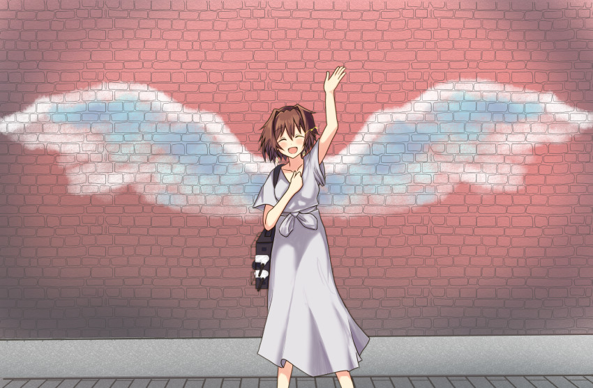 1girl, adapted_turret, brick_wall, brown_hair, cannon, closed_eyes, dress, furutaka_(kancolle)