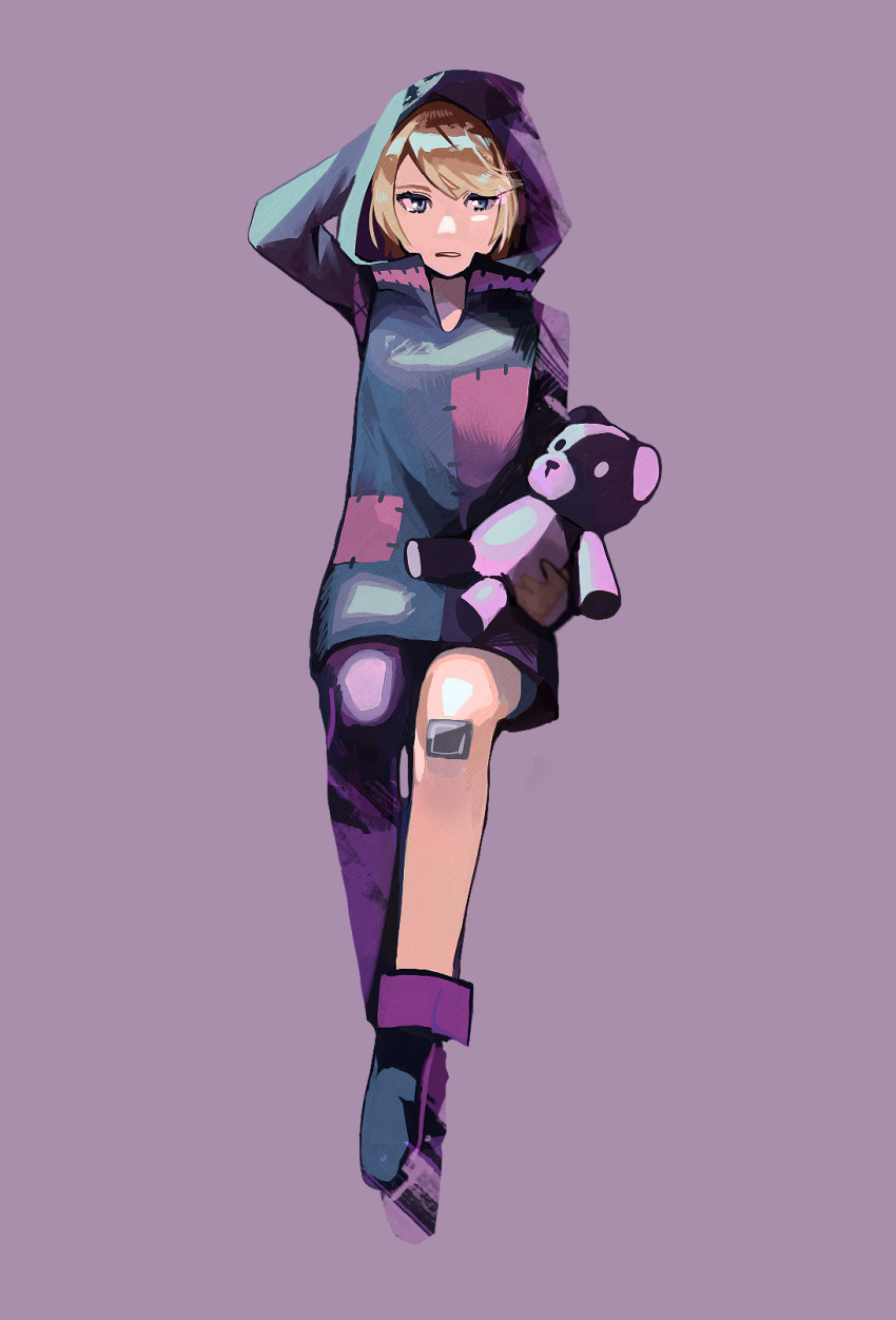 1girl, blonde_hair, blue_eyes, crossed_ankles, eyebrows_hidden_by_hair, hand_on_own_head, highres, holding