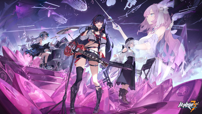 3girls, absurdres, asymmetrical_legwear, bronya_zaychik, drum, elysia_(dreamy_euphony)_(honkai_impact), elysia_(honkai_impact), guitar, hat, highres, holding, holding_microphone, honkai_(series), instrument, kiana_kaslana, microphone, microphone_stand, midriff, multiple_girls, off_shoulder, official_art, piano, ponytail, raiden_mei, sitting, thigh_strap, thighhighs