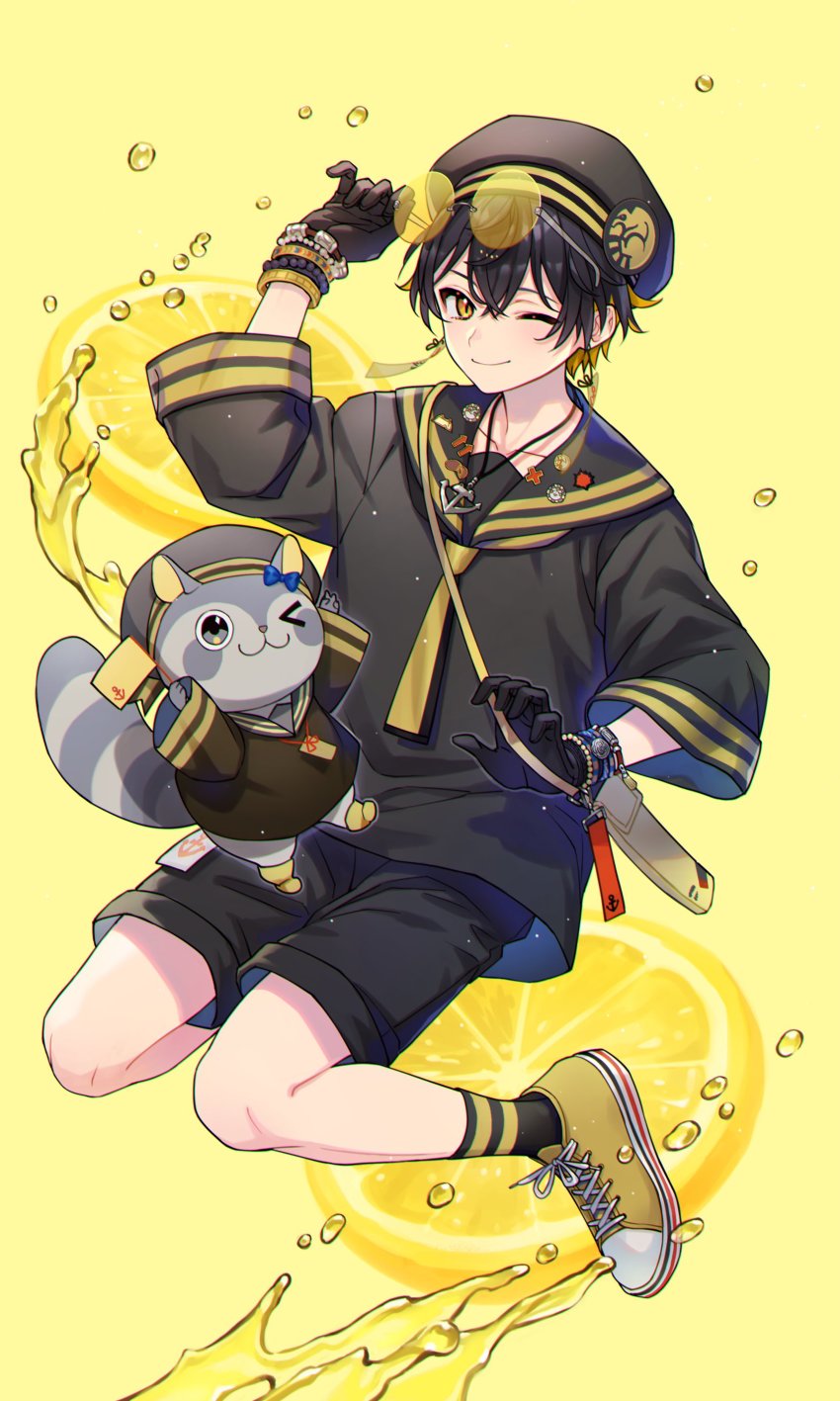 >_o, 1boy, ;), ;3, absurdres, adjusting_eyewear, anchor_necklace, anchor_symbol, arm_up, arrow_(symbol), bag, bangle, bead_bracelet, beads, black_hair, black_headwear, black_sailor_collar, black_shirt, black_shorts, black_socks, blonde_hair, blue_bow, blush, bow, bracelet, closed_mouth, collarbone, commentary_request, cross, crossed_bangs, ear_bow, flag, food, fruit, glasses, hair_between_eyes, hat, hat_ornament, highres, holding, holding_flag, holostars, jewelry, kotatsu_(yatogami_fuma), lapel_pin, lemon, lemon_slice, long_sleeves, looking_at_viewer, male_focus, multicolored_hair, neckerchief, necklace, official_alternate_costume, one_eye_closed, raccoon, ria_(lya_s2), round_eyewear, sailor_collar, sailor_hat, sailor_shirt, shirt, shoes, short_hair, short_shorts, shorts, shoulder_bag, smile, sneakers, socks, tinted_eyewear, two-tone_hair, virtual_youtuber, wide_sleeves, yatogami_fuma, yellow-tinted_eyewear, yellow_background, yellow_eyes, yellow_neckerchief, yellow_shoes