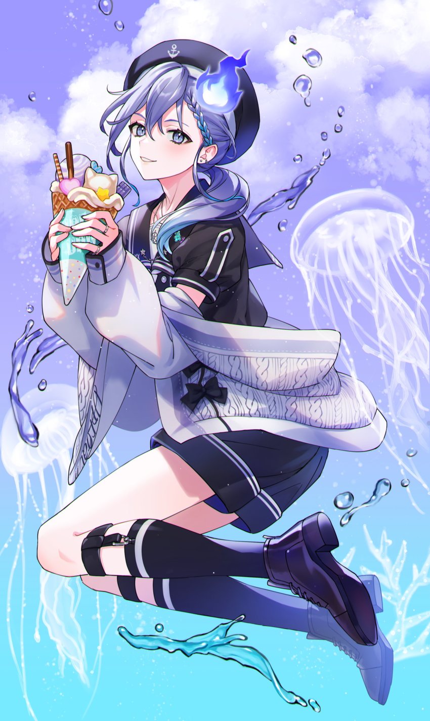 1boy, absurdres, anchor_print, anchor_symbol, androgynous, black_bow, black_hat, black_sailor_collar