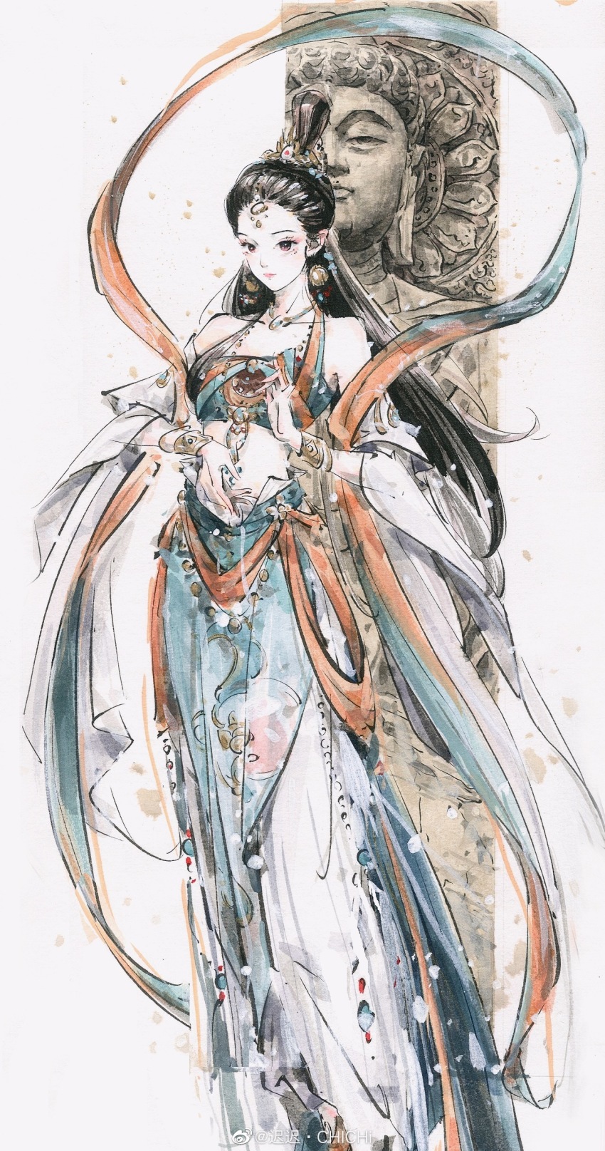 1girl, absurdres, bead_necklace, beads, black_hair, blue_skirt, blue_tube_top, chichi_chichi, closed_mouth, detached_sleeves, earrings, full_body, hair_bun, hair_ornament, highres, jewelry, long_hair, long_skirt, necklace, original, painting_(medium), partially_colored, skirt, solo, statue, strapless, traditional_media, tube_top