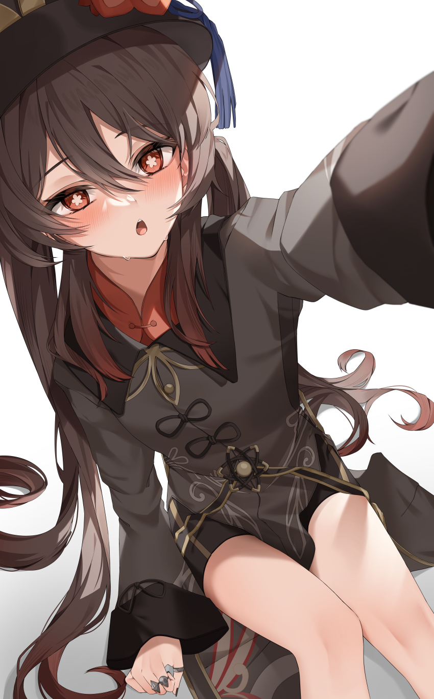 1girl, :o, absurdres, awaki224, black_shorts, blush, brown_hair, chinese_clothes