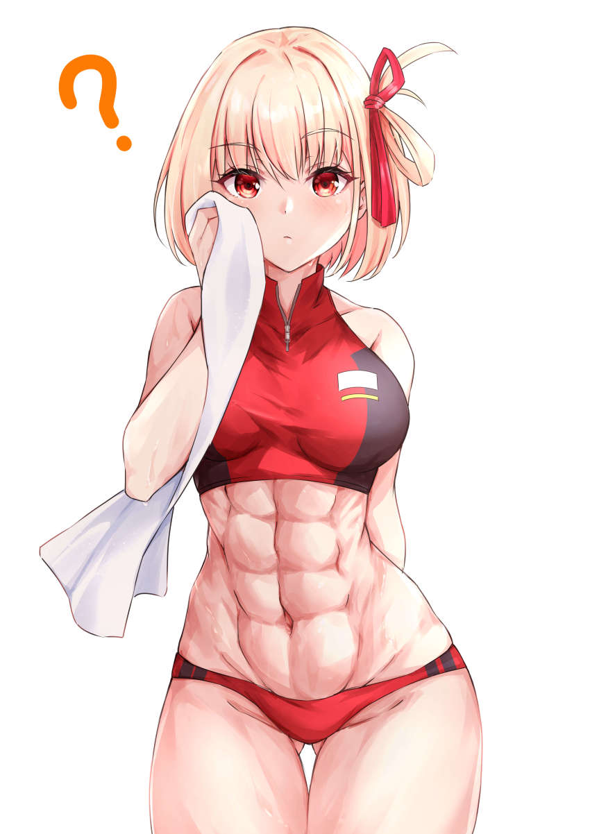 1girl, ?, abs, absurdres, alternate_muscle_size, blonde_hair, buruma, hair_ribbon, highres, looking_at_viewer, lycoris_recoil, muscular, muscular_female, nishikigi_chisato, official_alternate_costume, red_eyes, ribbon, shiraiwa_usagi, short_hair, simple_background, solo, sports_bikini, sweat, towel, track_and_field, track_uniform, white_background, wiping_sweat