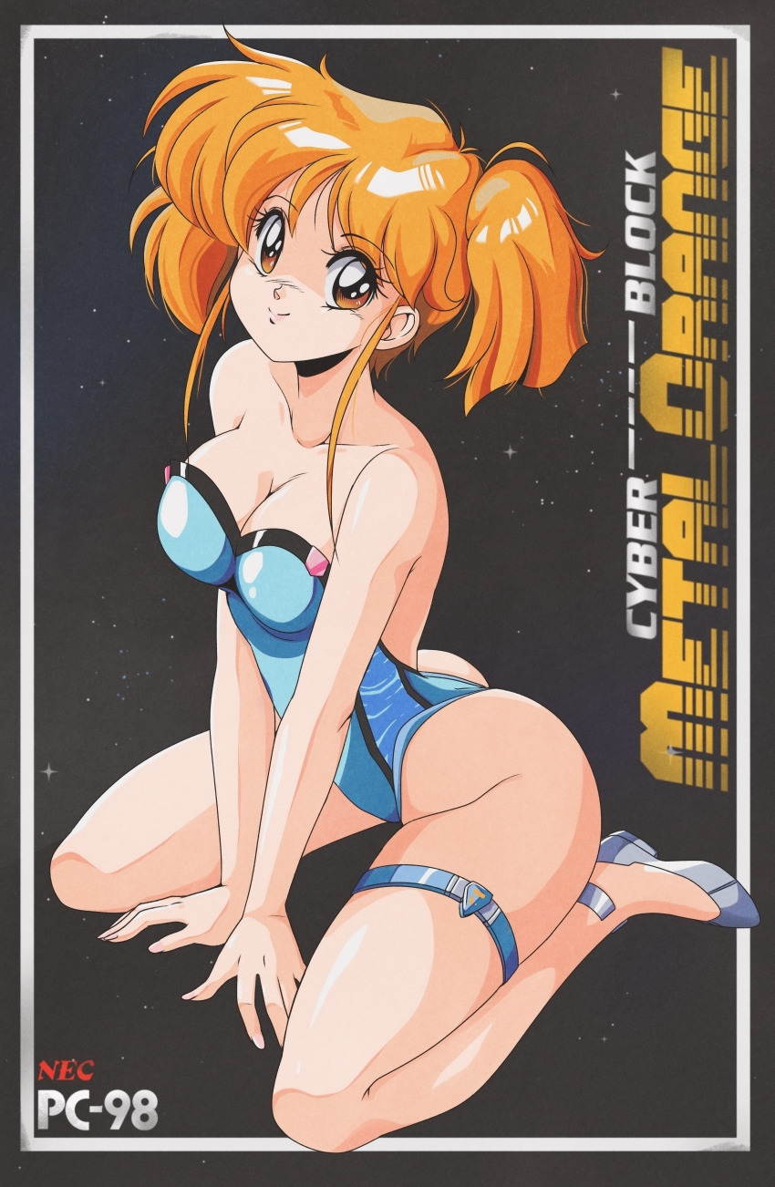 1990s_(style), 1girl, absurdres, ass, bare_shoulders, black_background, blue_leotard, breasts, brown_eyes, cleavage, closed_mouth, collarbone, cyber_block_metal_orange, danmakuman, full_body, grey_shoes, highres, jewelry, leotard, looking_at_viewer, medium_breasts, orange_hair, retro_artstyle, shiny_skin, shoes, short_hair, short_twintails, sidelocks, sitting, smile, solo, thighlet, tomo_(cyber_block_metal_orange), twintails, wariza