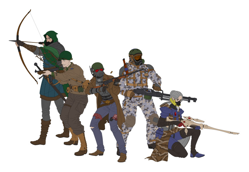 1girl, absurdres, ammunition_belt, beard, black_eyes, boots, bow_(weapon), coat