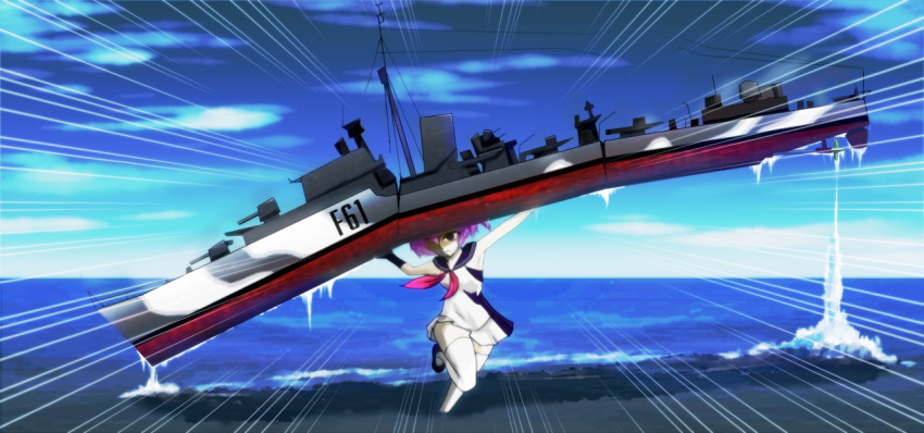 1girl, azur_lane, blue_sky, dress, hms_javelin, horizon, javelin_(azur_lane), ship, sky, watercraft, white_dress