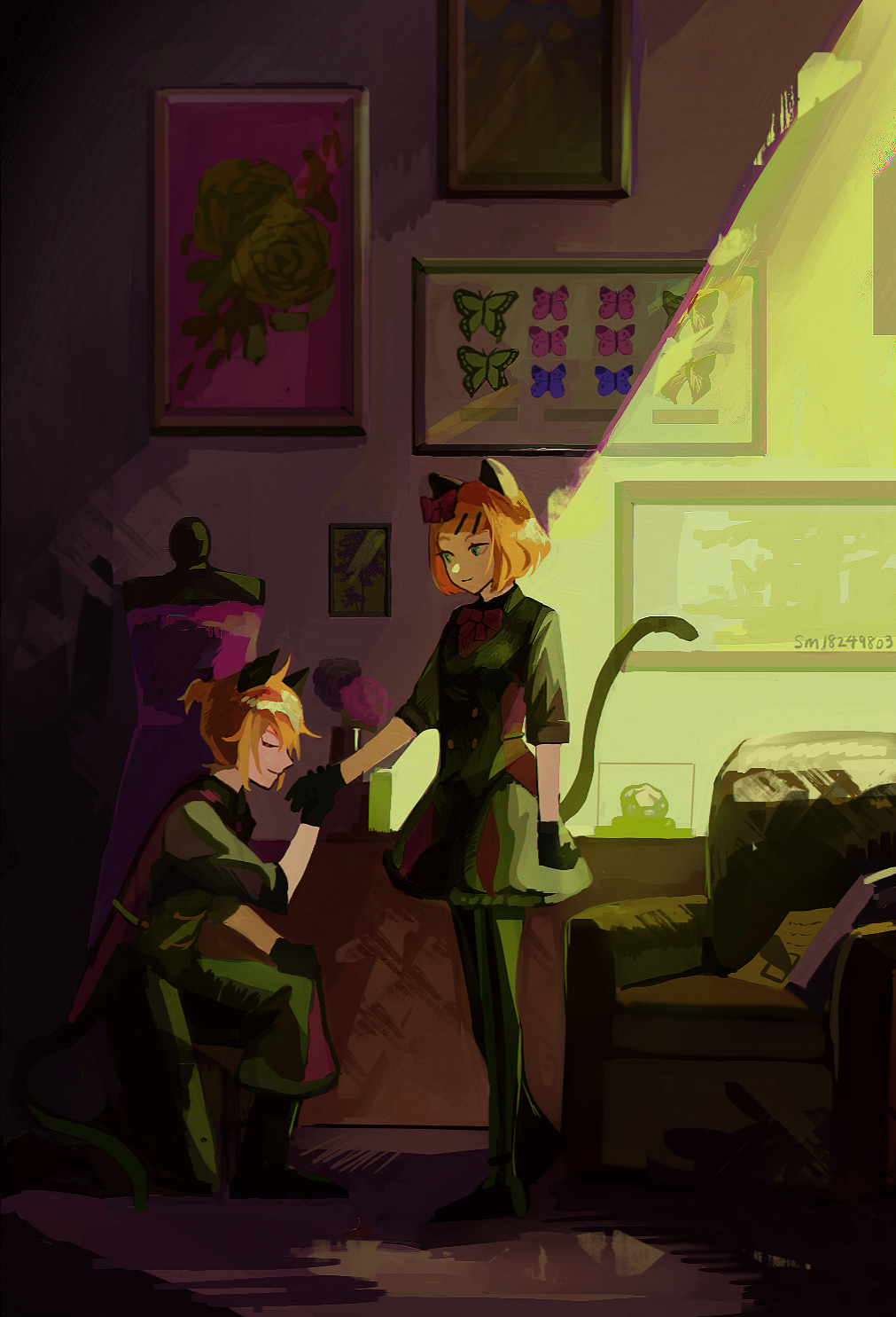 animal_ears, aqua_eyes, black_footwear, black_pants, black_pantyhose, black_skirt, blonde_hair, bow, bowtie, bug, butterfly, cat_boy, cat_ears, cat_girl, cat_tail, closed_eyes, closed_mouth, couch, flower, framed_insect, full_body, hand_grab, highres, imminent_kiss, indoors, insect, kagamine_len, kagamine_rin, kaitou_peter_&amp;_jenny_(vocaloid), kiss, kissing_hand, looking_at_another, mannequin, matching_outfits, nunosei, on_floor, on_one_knee, pants, pantyhose, picture_frame, pink_bow, pink_bowtie, ponytail, rose, shirt, shoes, short_hair, short_ponytail, short_sleeves, skirt, smile, standing, tail, vest, vocaloid, waistcoat