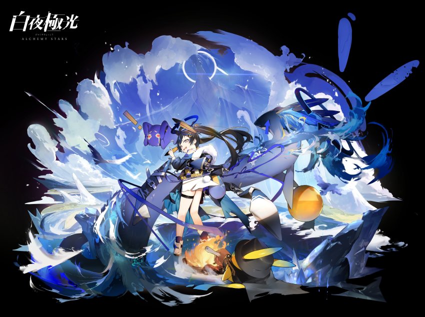 !, 1girl, @_@, absurdres, alchemy_stars, antenna_hair, bird, black_coat