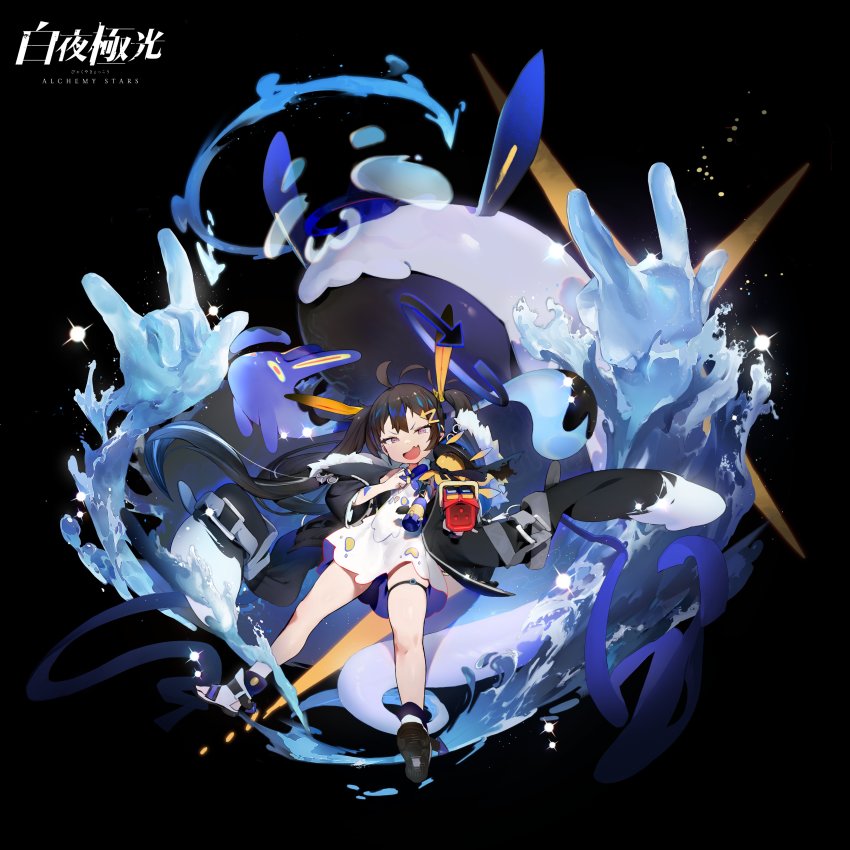 1girl, absurdres, aiming, aiming_at_viewer, alchemy_stars, antenna_hair, black_background, black_coat