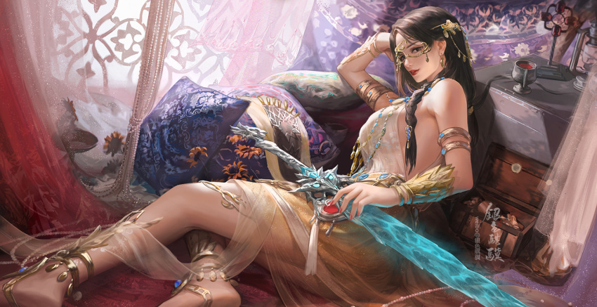 1girl, anklet, barefoot, beads, braid, brown_hair, canaan_(yong_jie_wujian), cup, curtains, drawer, earrings, flower, glitter, hand_on_own_head, jewelry, looking_at_viewer, lying, mask, medium_hair, pillow, solo, sword, table, teeth, weapon, yinse_qi_ji, yong_jie_wujian