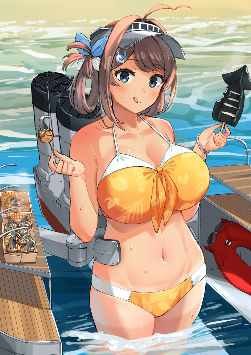 1girl, :q, ahoge, bikini, blue_eyes, blush, bracelet, breasts, brown_hair, chougei_(kancolle), chougei_(swimsuit)_(kancolle), cleavage, commentary_request, enemy_lifebuoy_(kancolle), food, fried_squid, hair_ornament, hair_rings, hat, highres, holding, holding_food, jewelry, kantai_collection, large_breasts, long_hair, looking_at_viewer, official_alternate_costume, orange_bikini, osananajimi_neko, outdoors, rigging, solo, standing, sunglasses, swimsuit, takoyaki, tan, tanline, tongue, tongue_out, visor_cap, wading, water