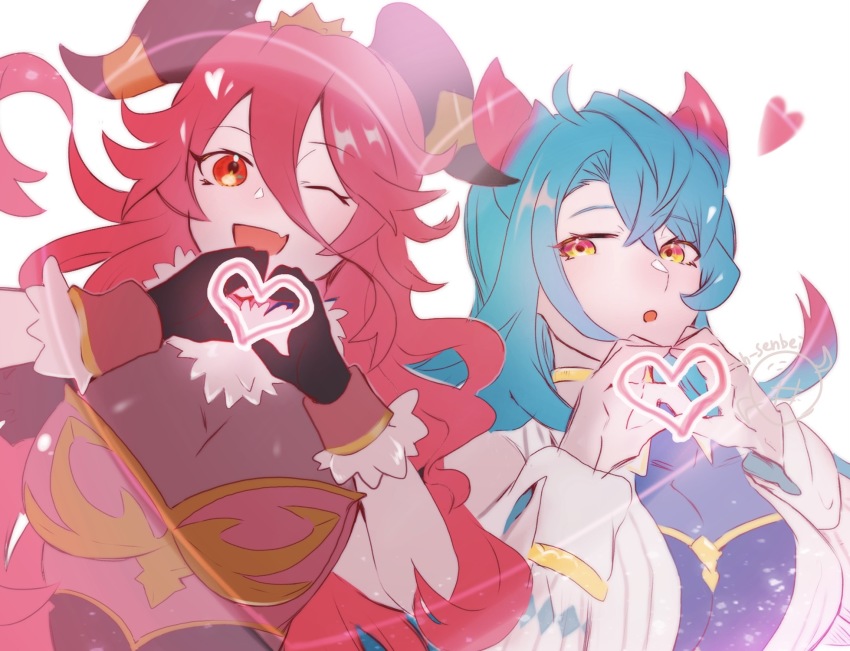 2girls, black_gloves, blue_hair, dragalia_lost, fang, gloves, hair_between_eyes, heart