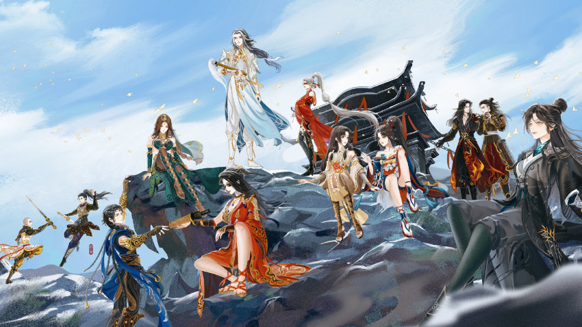 5girls, 6+boys, armor, bird, black_hair, blue_sky, brown_hair, character_request