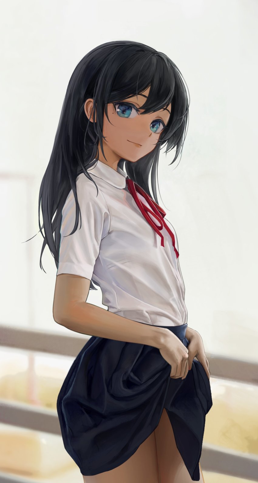 1girl, absurdres, black_hair, black_skirt, blue_eyes, blurry, blurry_background, breasts