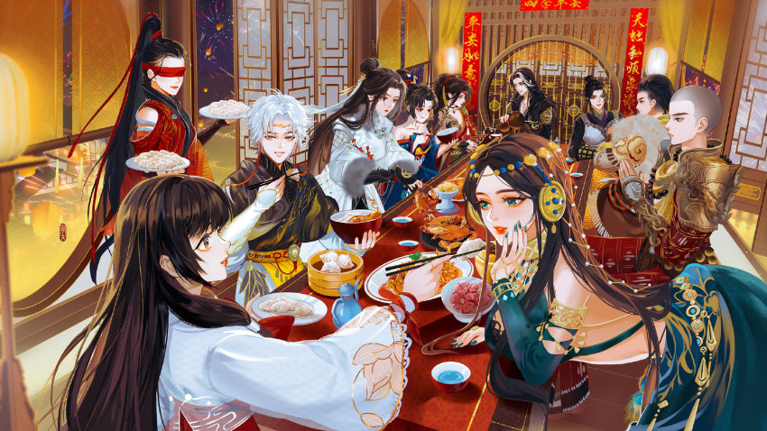 5boys, 6+girls, black_hair, blindfold, bowl, brown_hair, character_request, chopsticks